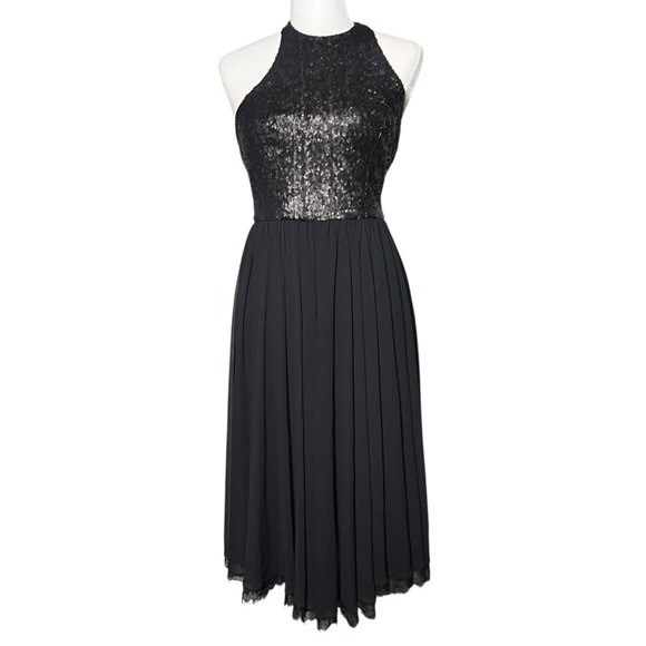 Dress the Population Dresses & Skirts - Dress the Population Halter Dress XS Tatiana Black Sequin Midi Chiffon Lined NEW
